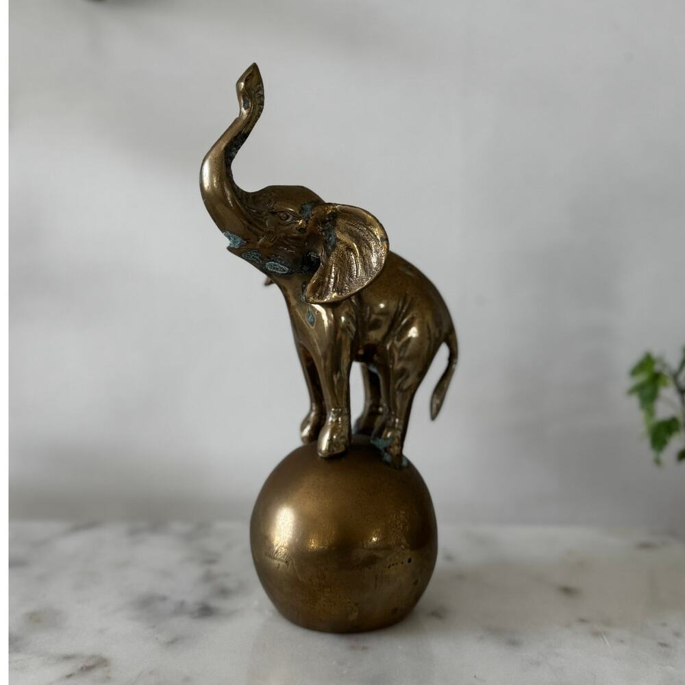 Vintage Brass Elephant on Ball Statue Mid Century Safari Decor - Picture 4 of 8